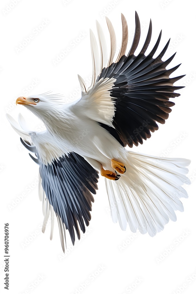 Naklejka premium Secretary Bird Flying on White Background, Photo Realistic, Wallpaper, Cover and Screen for Smartphone, PC, Laptop, 9:16 and 16:9 Format