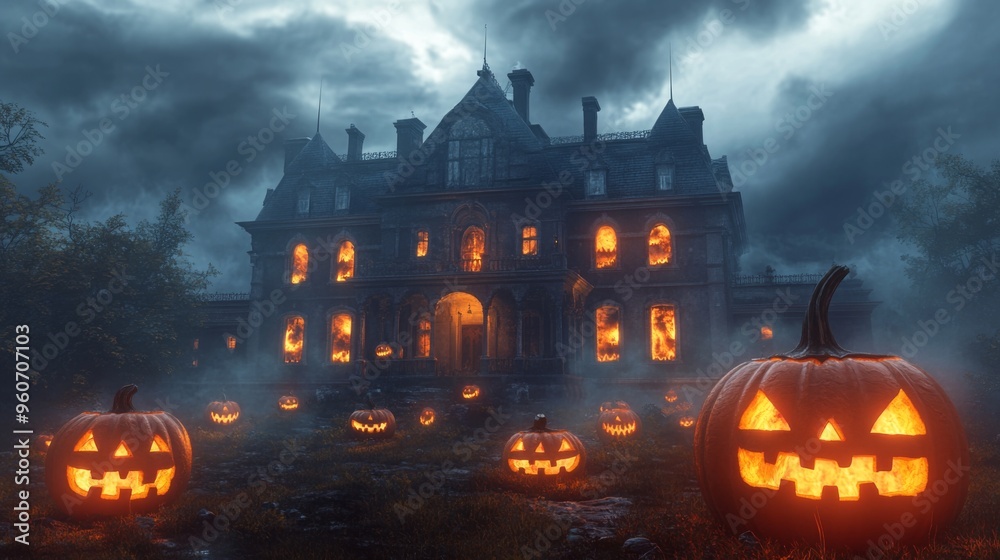 Haunted Mansion with Glowing Jack-o'-Lanterns on a Foggy Halloween Night Haunted Mansion with Glowing Jack-o'-Lanterns on a Foggy Halloween Night