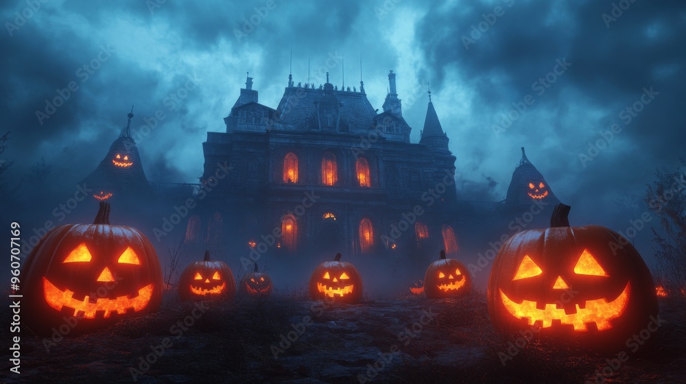 Glowing Jack-O-Lanterns in Front of a Haunted Mansion on a Foggy Halloween Night Glowing Jack-O-Lanterns in Front of a Haunted Mansion on a Foggy Halloween Night