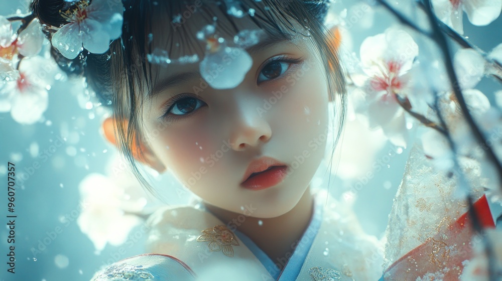 A Young Girl in a Kimono with Cherry Blossoms A Young Girl in a Kimono with Cherry Blossoms