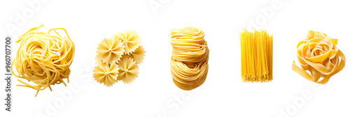 Collection of different Italian pasta types - farfalle, spaghetti, penne, tagliatelle, isolated on white background