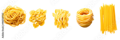 Collection of different Italian pasta types - farfalle, spaghetti, penne, tagliatelle, isolated on white background