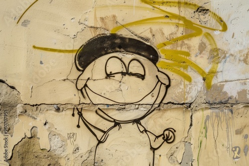 Cheerful peanut character explores urban street art with a big smile and tiny explorer's hat during a sunny afternoon adventure photo