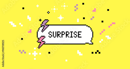 Pixel speech bubble text saying Surprise with sparkles. Y2k trendy sticker in pixel art. 8 bit retro style vector background. Simple geometric form. Mood of 90's aesthetics