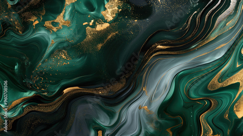 Elegant liquid marble with captivating metallic gold and emerald swirls, ideal for upscale design and decorative elements