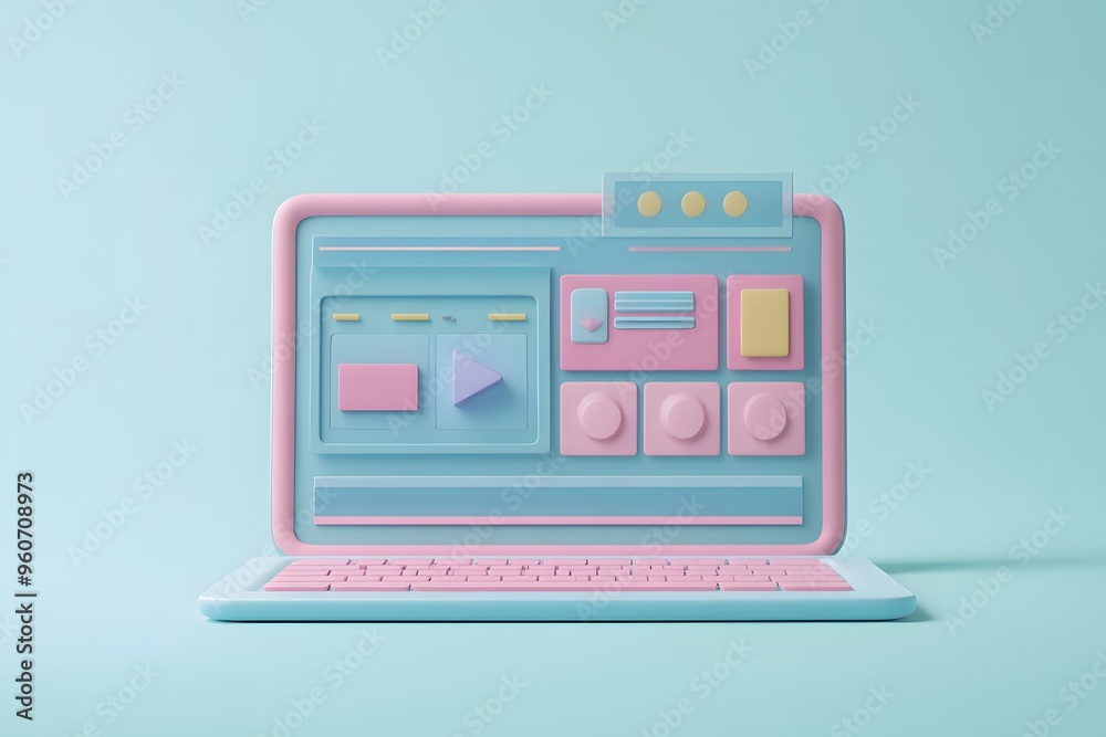 A Pastel Pink and Blue Laptop Computer with Play Button and Geometric Shapes on the Screen A Pastel Pink and Blue Laptop Computer with Play Button and Geometric Shapes on the Screen