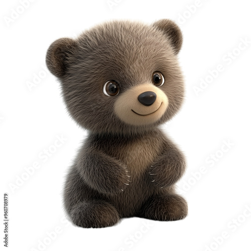 Cute 3D Baby Bear with Fluffy Fur - Isolated on White Transparent Background, PNG 