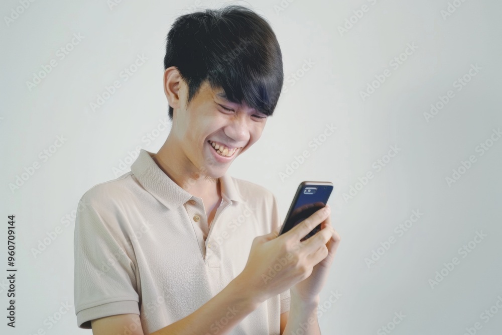 A young Asian man in a polo shirt joyfully engages with his smartphone against a clean white backdrop, radiating happiness in a candid moment A young Asian man in a polo shirt joyfully engages with his smartphone against a clean white backdrop, radiating happiness in a candid moment