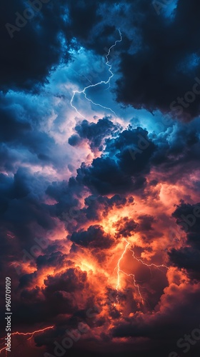 A dramatic photograph of lightning in the sky, with multiple lightning bolts illuminating dark clouds over an open landscape at night