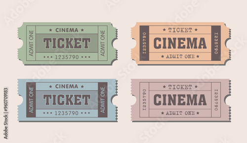 Set of vintage movie tickets, tickets cinema on old colored paper