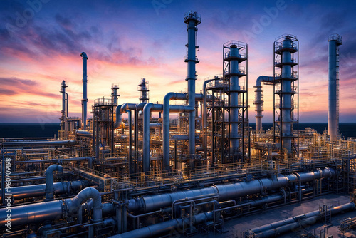 Petroleum industrial plant with pipeline and pipe rack at sunset sky background. View of chemical factory. Industrialization and industry technology concept. Gen ai illustration. Copy ad text space photo