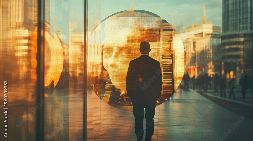 A lone man in a suit walking past a circular reflection of the city at sunset A lone man in a suit walking past a circular reflection of the city at sunset