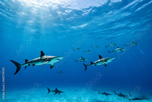 Great Hammerhead Shark. School of Hammerheads swimming in Red sea. Sharks in wild. Marine life underwater in blue ocean. Observation animal world. Scuba diving adventure in Red sea, coast Africa photo