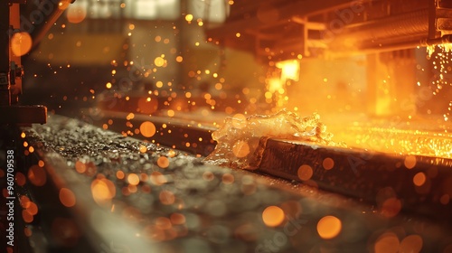 A glass manufacturing plant with molten glass being shaped and cooled. 32k, full ultra hd, high resolution