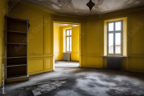 Background of yellow room interior of an abandoned communal apartment, dirty rotten peeling walls. Old past of poor, cuffed floor, tripped wallpaper. Repair renovation concept. Copy ad text space photo