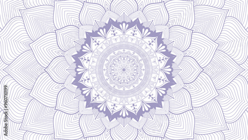 Round mandala on dreamy peach fuzz gradient background. Translucent mesh pattern in the form of a mandala. Mandala with floral patterns. Pastel Yoga template. Gradient background with round mandala