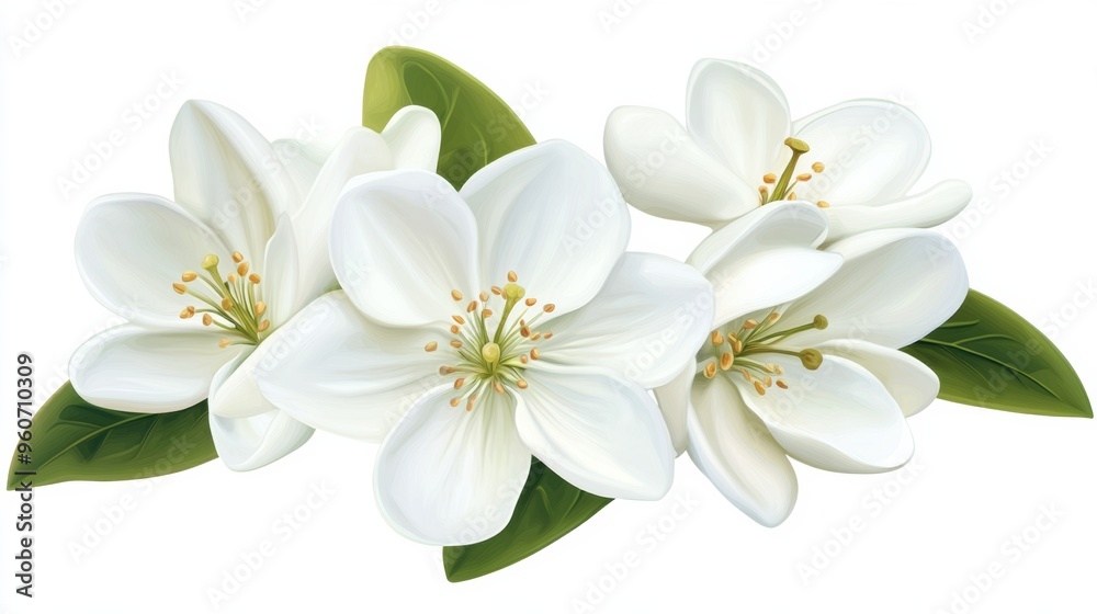 Obraz premium A close up of a white flower with green leaves, AI