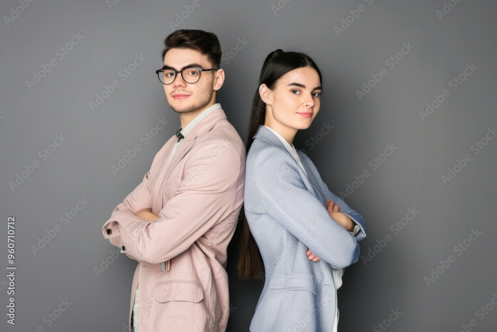 Dynamic business partnership represented by young professionals standing confidently back-to-back in neutral attire against a grey backdrop Dynamic business partnership represented by young professionals standing confidently back-to-back in neutral attire against a grey backdrop