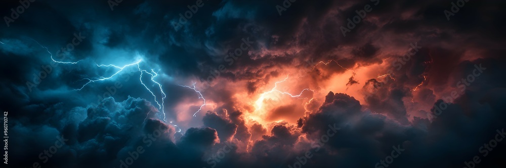 A dramatic photograph of lightning in the sky, with multiple lightning bolts illuminating dark clouds over an open landscape at night A dramatic photograph of lightning in the sky, with multiple lightning bolts illuminating dark clouds over an open landscape at night