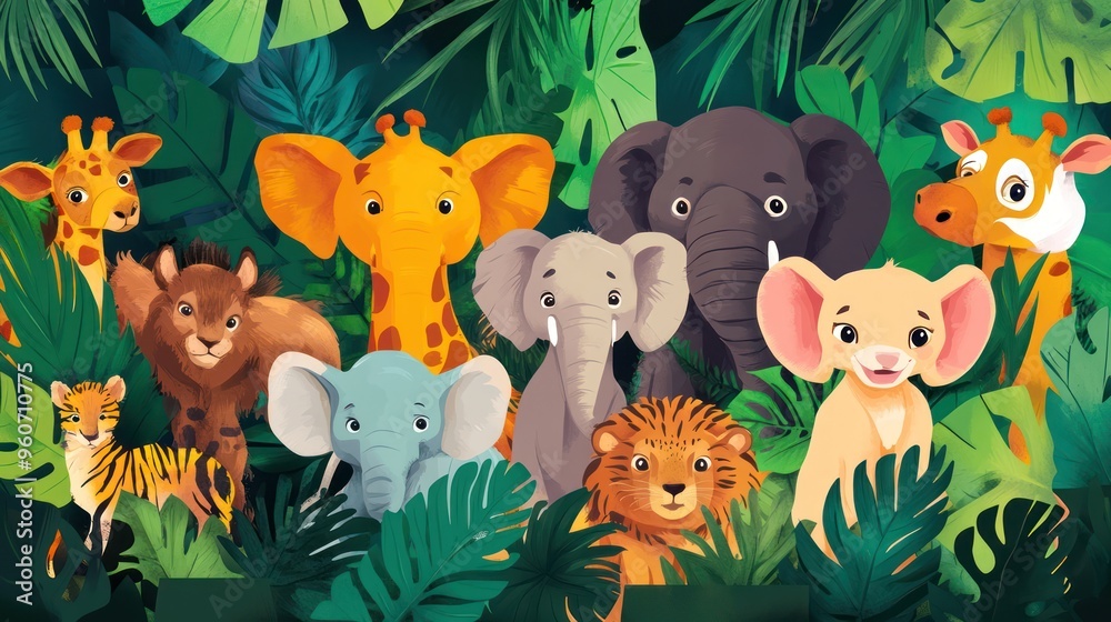Naklejka premium A vibrant group of cartoon animals amidst lush jungle foliage, featuring elephants, a tiger, and a giraffe, creating a lively and cheerful scene.