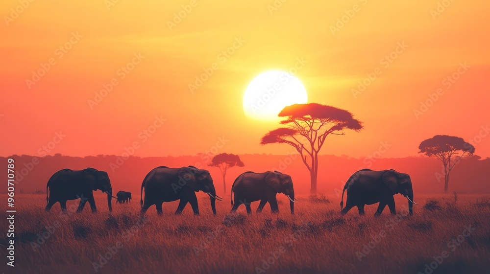 Fototapeta premium A peaceful scene of elephants walking at sunset, silhouetted against a vibrant orange sky, embodying the beauty of nature.