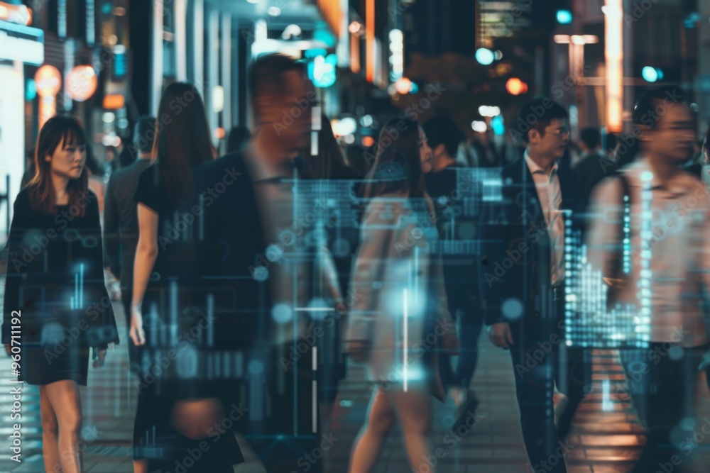 Crowd of business professionals captured by technology in a bustling urban street during the evening rush hour Crowd of business professionals captured by technology in a bustling urban street during the evening rush hour