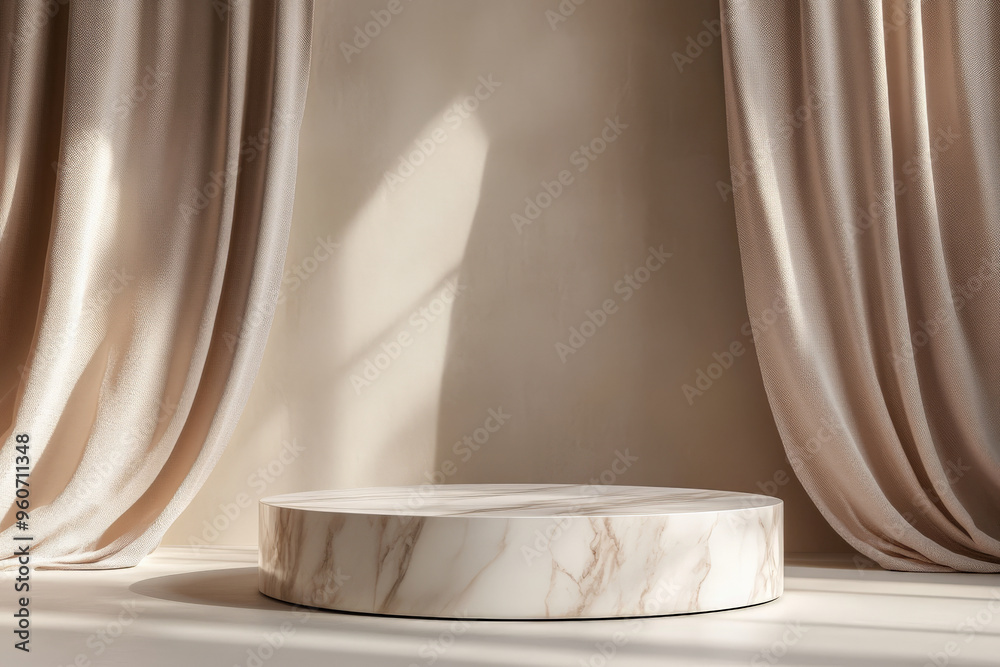 A marble podium with a smooth surface, placed against a background of soft, flowing curtains in light, neutral tones, creating an elegant, serene scene. A marble podium with a smooth surface, placed against a background of soft, flowing curtains in light, neutral tones, creating an elegant, serene scene.