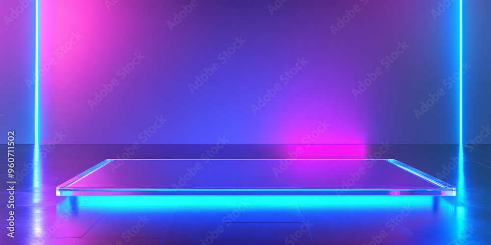 A futuristic podium with a transparent glass surface, placed in front of a high-tech, neon-lit background in shades of blue and purple.