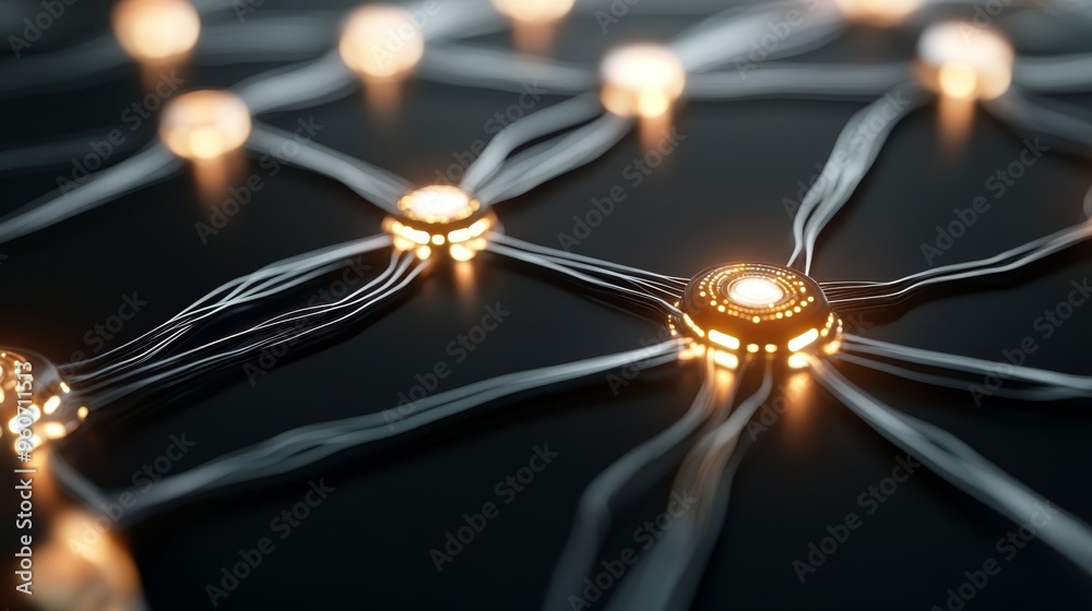 Digital illustration of AI network with glowing dots. Abstract data flow on dark background. Digital illustration of AI network with glowing dots. Abstract data flow on dark background.