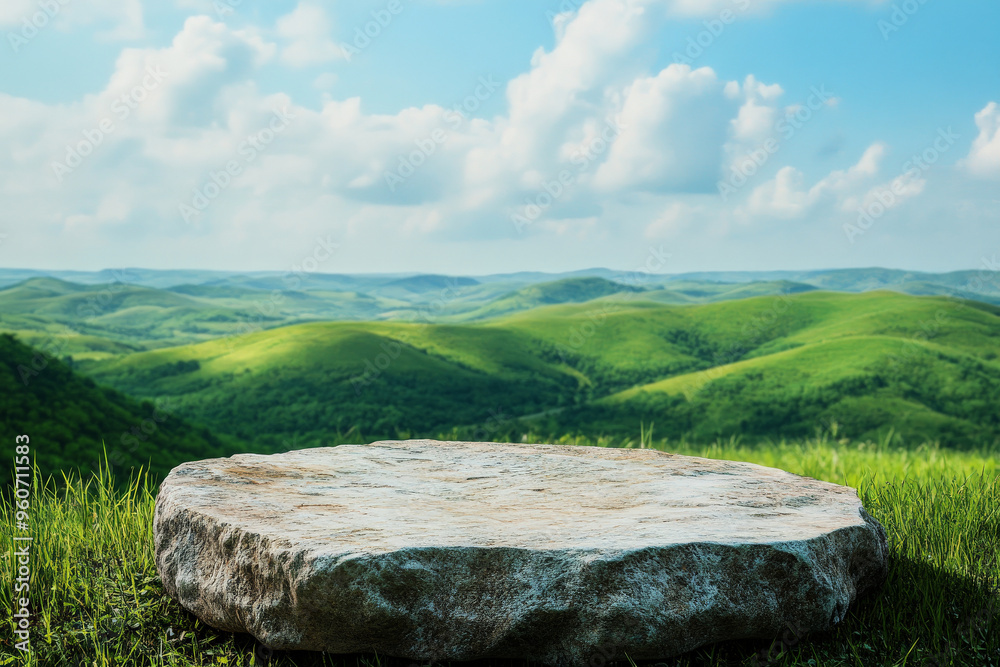 A rustic stone podium with natural textures, set against a background of rolling green hills under a bright blue sky, creating a serene, natural scene. A rustic stone podium with natural textures, set against a background of rolling green hills under a bright blue sky, creating a serene, natural scene.