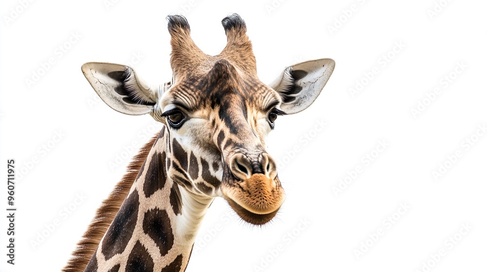 Obraz premium A giraffe is looking at the camera with its mouth open