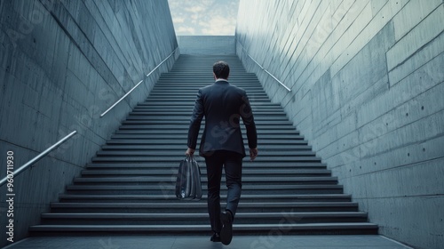 A focused businessman in a suit walks up stairs, symbolizing ambition and progress.