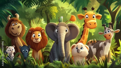 A colorful group of cartoon animals in a vibrant jungle setting, showcasing a lion, elephant, giraffe, and more, radiating joy and camaraderie.