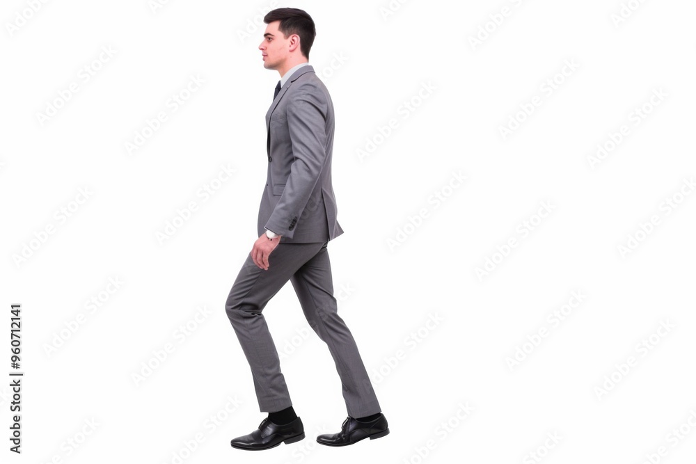 A confident young professional in a sharp gray suit strides purposefully on a minimalist white background, embodying modern business style A confident young professional in a sharp gray suit strides purposefully on a minimalist white background, embodying modern business style