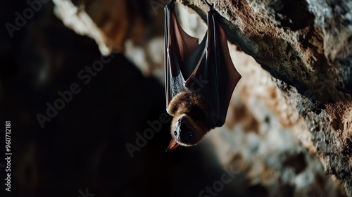 A bat is hanging from a rock photo