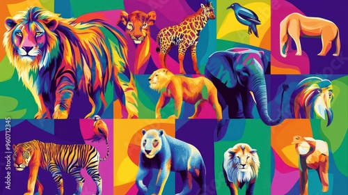 A vibrant collage of safari animals including a lion, elephant, and giraffe, showcasing colorful and artistic representations.