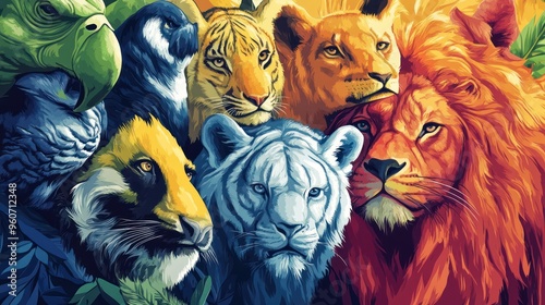 Vibrant illustration of diverse wild animals including lions, tigers, and birds, showcasing their striking features and colors. photo