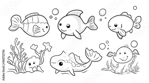 A playful collection of cute, cartoon-style fish and underwater elements in a fun, black and white design.