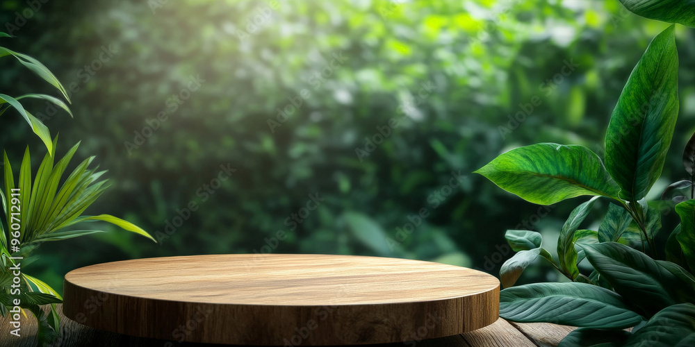 A wooden podium with a warm, natural finish, placed in front of a green, leafy background, creating a fresh, organic atmosphere. A wooden podium with a warm, natural finish, placed in front of a green, leafy background, creating a fresh, organic atmosphere.