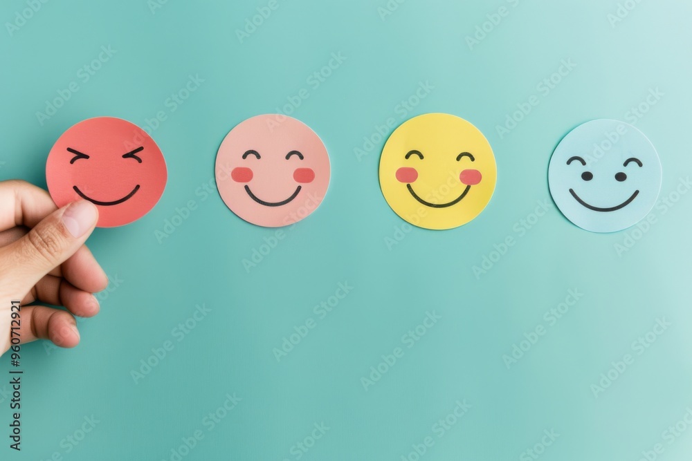 A hand selects a happy smile face paper cut during a satisfaction survey reflecting child wellness on World Mental Health Day A hand selects a happy smile face paper cut during a satisfaction survey reflecting child wellness on World Mental Health Day