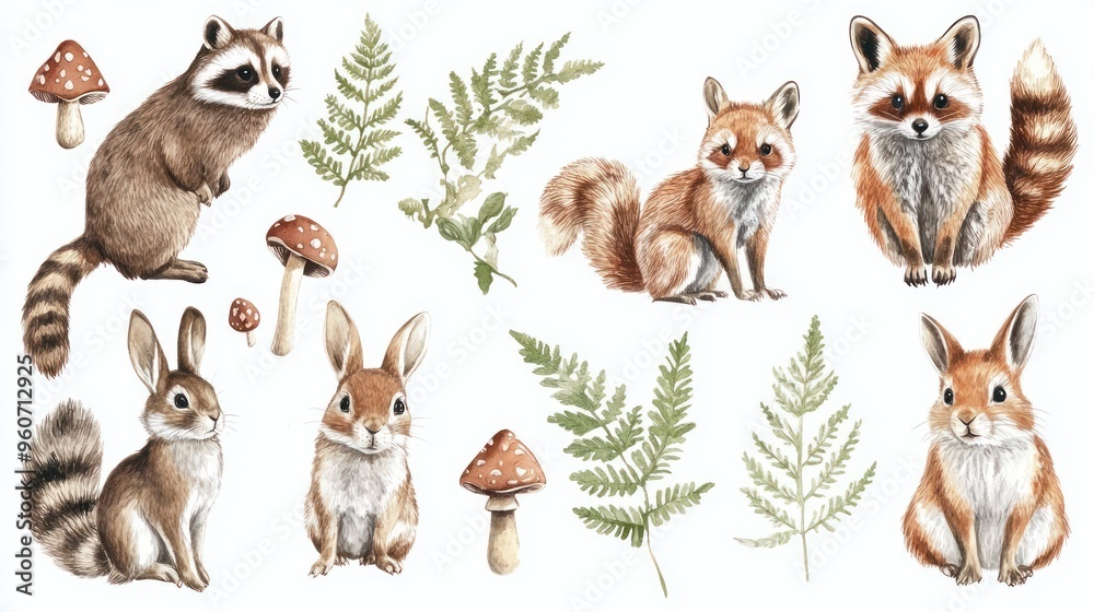 Naklejka premium A charming illustration featuring woodland animals, including raccoons, foxes, and rabbits, surrounded by ferns and mushrooms.