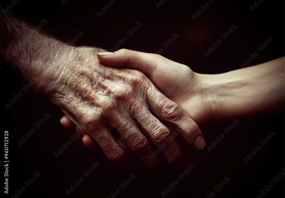 Fototapeta premium Young and Old Hands Intertwined: A Touch of Love and Support