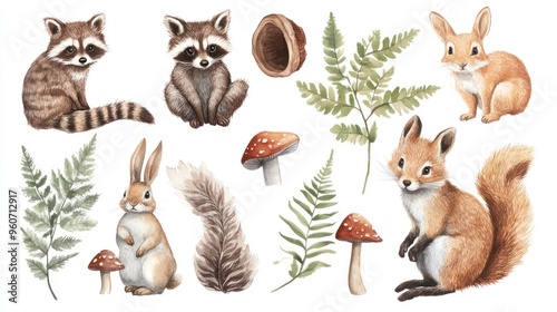 A charming illustration featuring woodland animals like raccoons, a rabbit, and a fox amidst ferns and mushrooms. photo