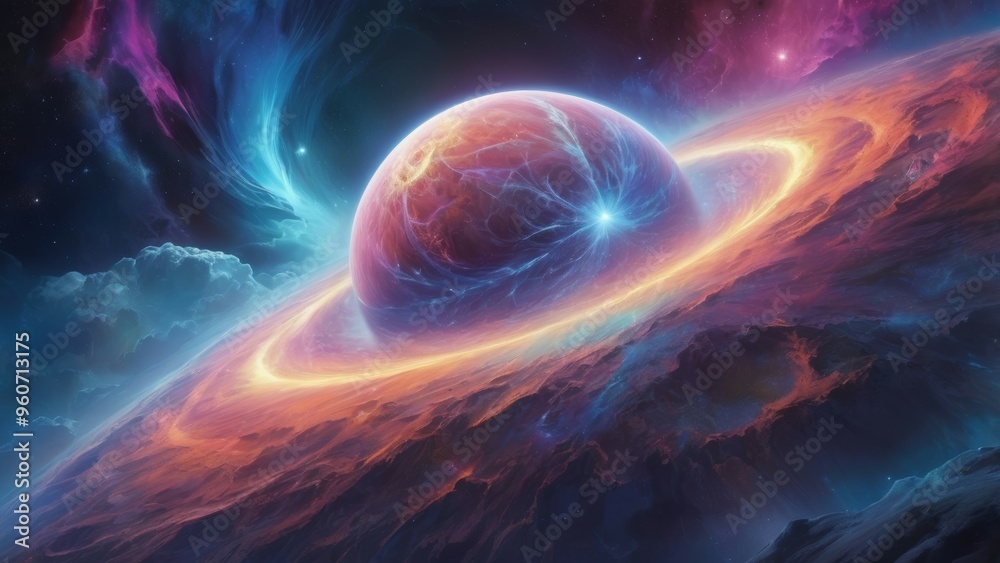 Fototapeta premium A celestial body with a glowing ring, surrounded by nebulas.