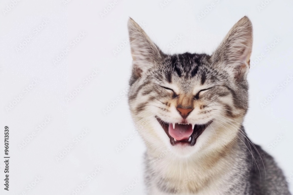 Joyful cat expresses pure relief with closed eyes and a wide smile against a simple white background, radiating happiness and peace Joyful cat expresses pure relief with closed eyes and a wide smile against a simple white background, radiating happiness and peace