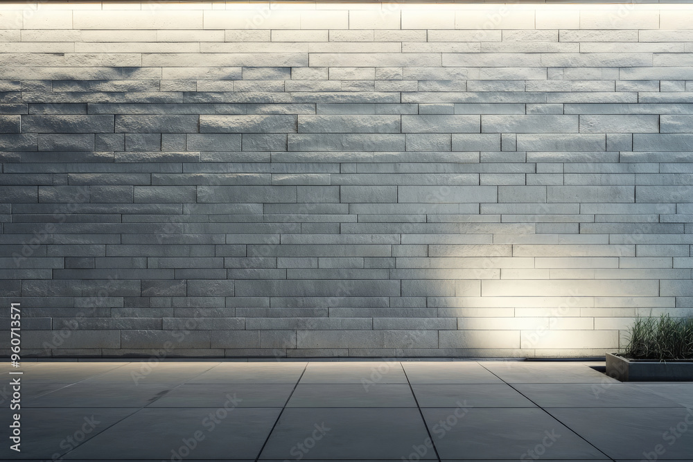 Fototapeta premium A smooth, light gray brick wall with even surfaces, illuminated by soft, ambient lighting for a clean, minimalist look.