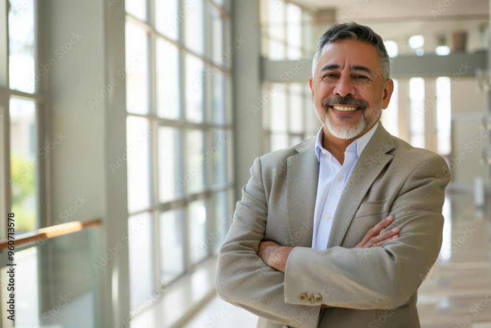 Confident mature Latin business man smiling in modern office hall, showcasing success and professionalism Confident mature Latin business man smiling in modern office hall, showcasing success and professionalism