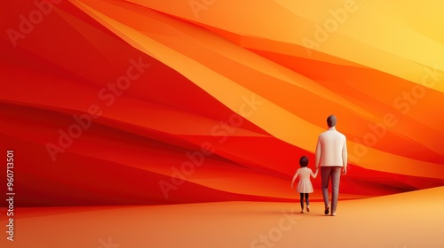 A man and a child walking down an orange colored path, AI