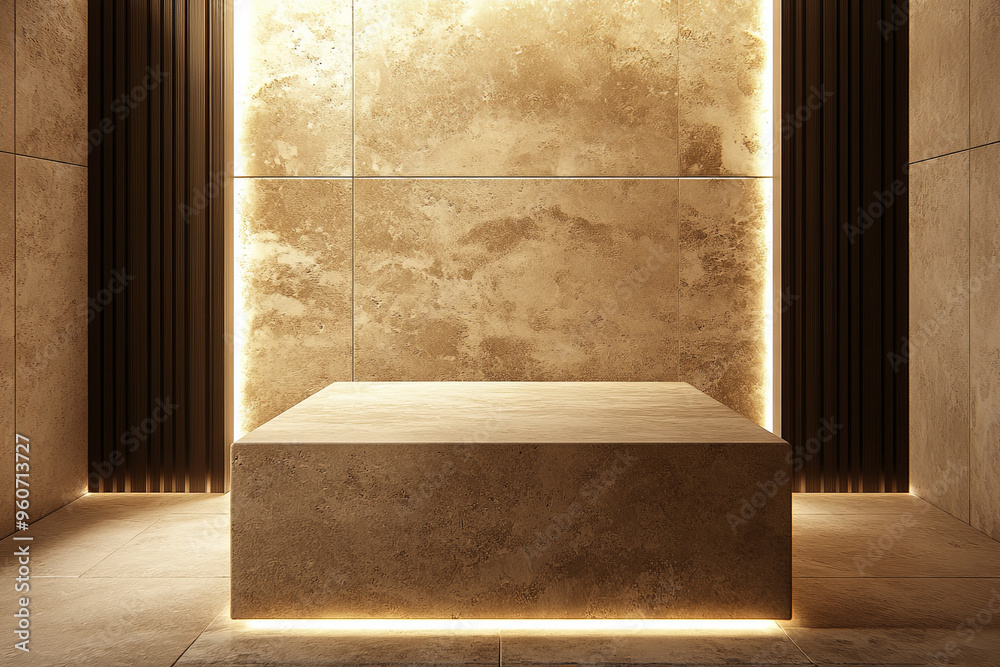 A smooth stone podium made of polished travertine, placed in a luxurious, contemporary interior with soft, ambient lighting.