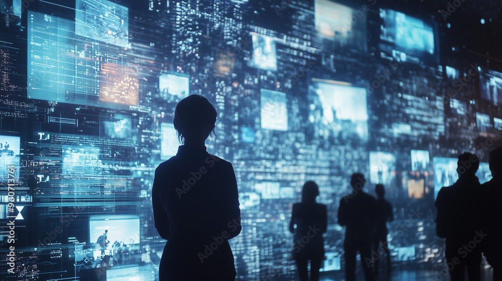 Silhouetted people observing multiple high-tech data screens. Silhouetted people observing multiple high-tech data screens.
